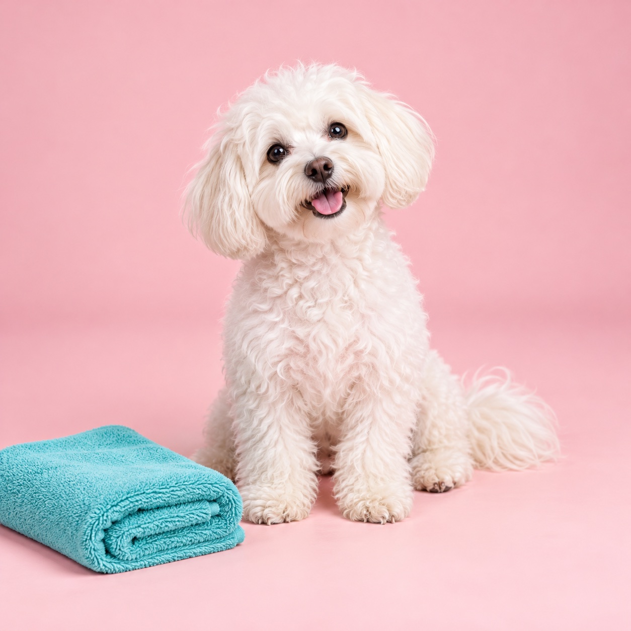 Illustrative AI studio portrait of a fluffy white dog beside a turquoise towel